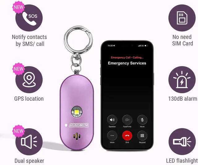 Alt view image 2 of 7 - Personal Safety Alarm, 130dB Dual-Sided Speakers, Lightweight Aluminum Alloy, Loud Emergency Self Defense Alarm with LED Light for Women, Kids & Seniors (Metallic Lavender Purple)