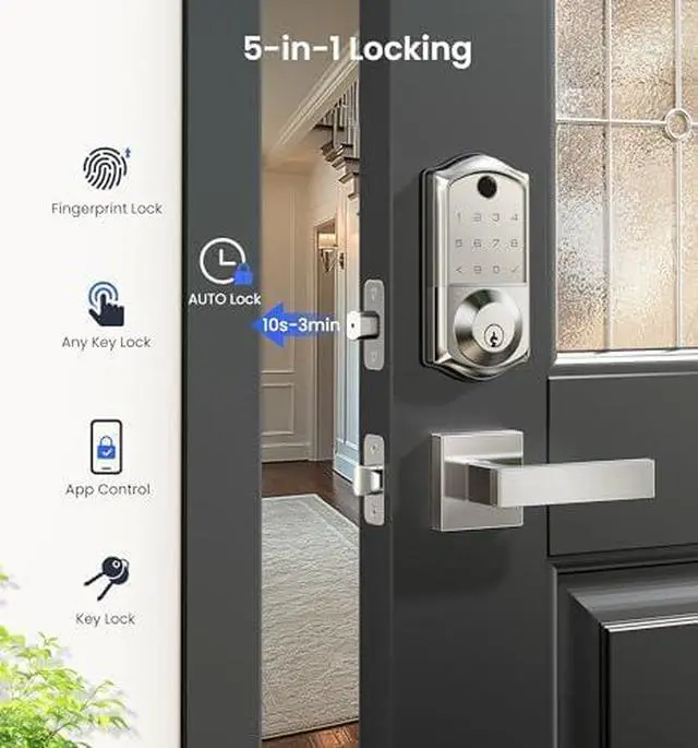 Alt view image 7 of 7 - Veise VE017 Wi-Fi Fingerprint Smart Door Lock, App Control, 7-in-1 Keyless Entry, Auto Lock, Emergency Power Port, Electronic Touchscreen Keypad, Biometric Smart Locks for Front Door, Satin Nickel