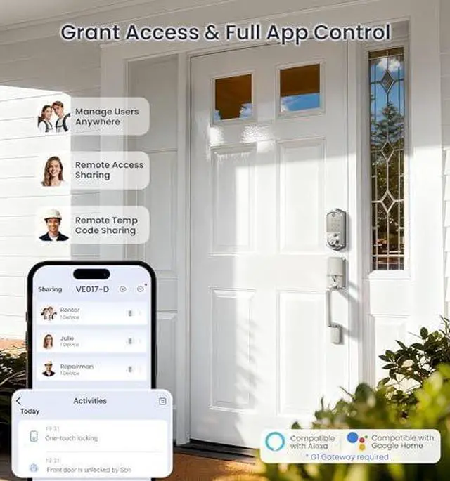 Alt view image 2 of 7 - Veise VE017+VE017-D Fingerprint Smart Door Lock, App Control, 8-in-1 Keyless Entry, Auto Lock, Emergency Power Port, Electronic Touchscreen Keypad, Biometric Smart Locks for Front Door, Satin Nickel