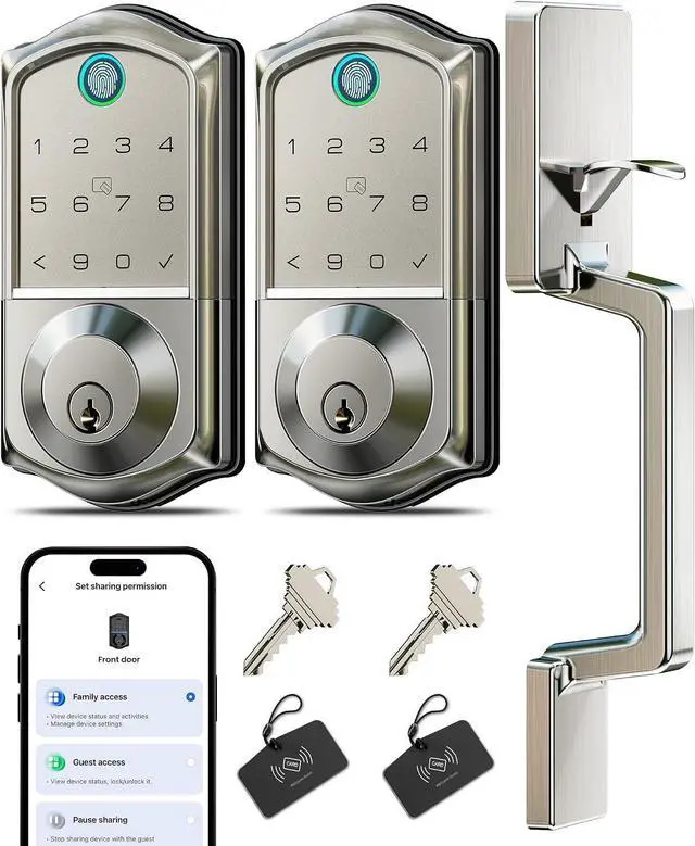 Main image of Veise VE017+VE017-D Fingerprint Smart Door Lock, App Control, 8-in-1 Keyless Entry, Auto Lock, Emergency Power Port, Electronic Touchscreen Keypad, Biometric Smart Locks for Front Door, Satin Nickel