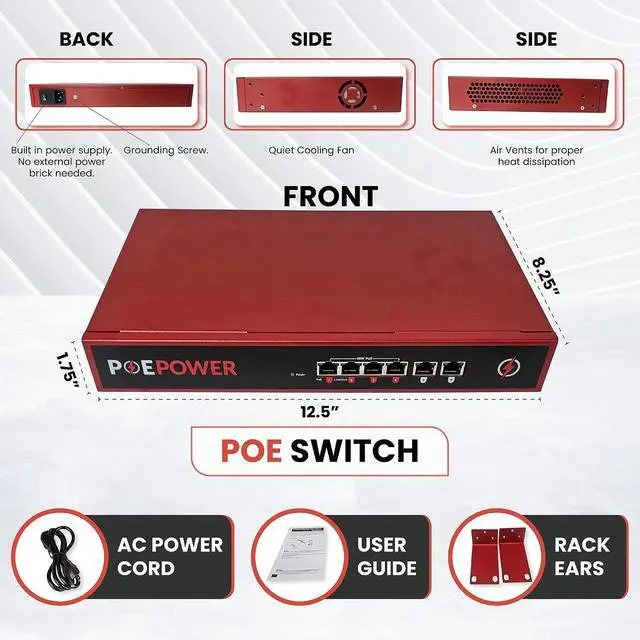 Alt view image 4 of 5 - 4 Port Unmanaged 802.3bt POE++ Extreme Power Gigabit POE Switch, Full 90 Watts on Each Port, 380 Total Watts Budget, 2 Additional Ethernet Uplinks, 10/100/1000, UL Listed TAA Compliant