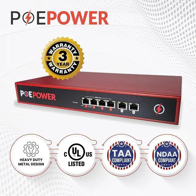 Alt view image 2 of 5 - 4 Port Unmanaged 802.3bt POE++ Extreme Power Gigabit POE Switch, Full 90 Watts on Each Port, 380 Total Watts Budget, 2 Additional Ethernet Uplinks, 10/100/1000, UL Listed TAA Compliant