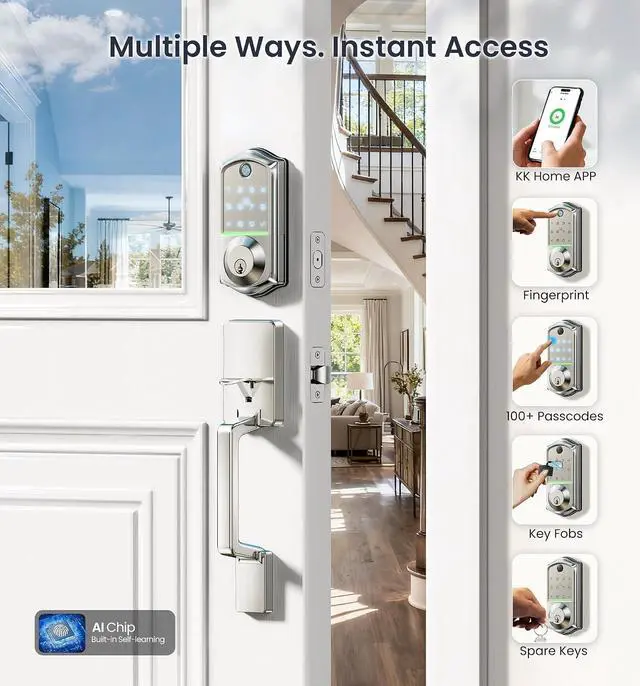 Alt view image 3 of 7 - Veise VE017+VE017-D Fingerprint Smart Door Lock, App Control, 8-in-1 Keyless Entry, Auto Lock, Emergency Power Port, Electronic Touchscreen Keypad, Biometric Smart Locks for Front Door, Satin Nickel