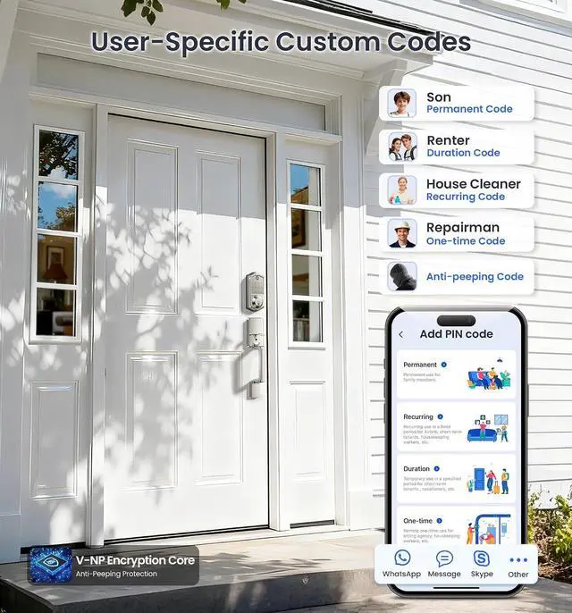 Alt view image 4 of 7 - Veise VE017+VE017-D Fingerprint Smart Door Lock, App Control, 8-in-1 Keyless Entry, Auto Lock, Emergency Power Port, Electronic Touchscreen Keypad, Biometric Smart Locks for Front Door, Satin Nickel