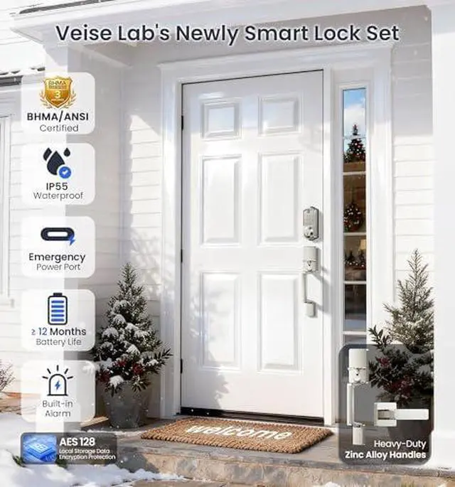 Alt view image 5 of 7 - Veise VE017+VE017-D Fingerprint Smart Door Lock, App Control, 8-in-1 Keyless Entry, Auto Lock, Emergency Power Port, Electronic Touchscreen Keypad, Biometric Smart Locks for Front Door, Satin Nickel