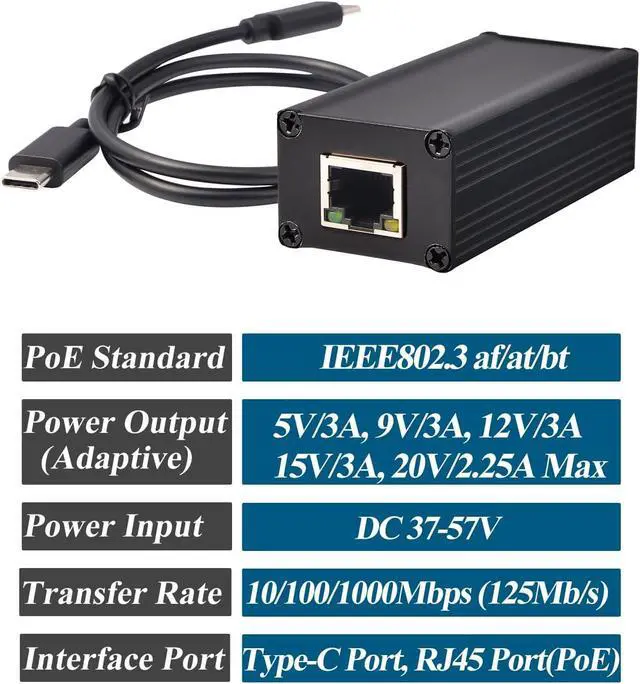 Alt view image 3 of 7 - Gigabit PoE to USB-C Converter Adapter, Type-C Output Power & Ethernet 2 in 1, Max 45W 5V to 20V Charging for Smart Phone/Tablet/Laptop, 1000 Mbps Rate, IEEE802.3af/at/bt (GPD2CBT-20V)