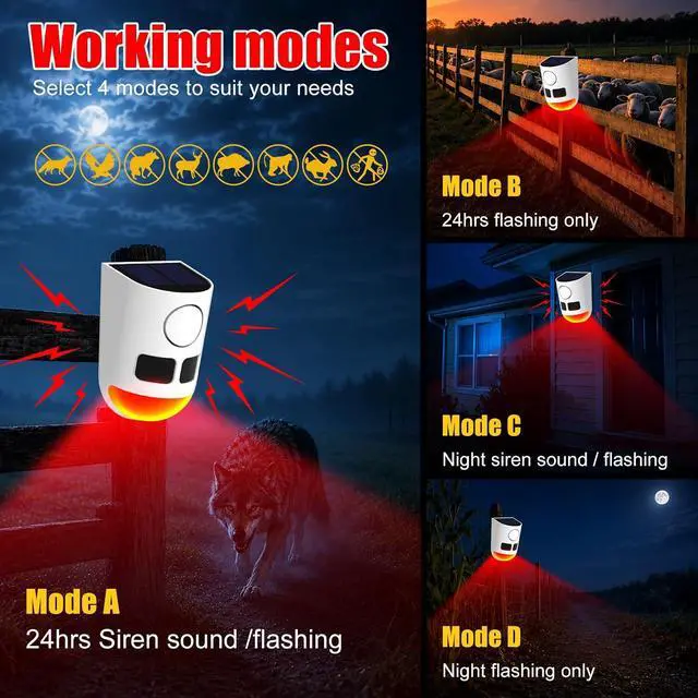 Alt view image 5 of 7 - Solar Strobe Light Motion Detector Alarm: Dog Barking and Gunshot Sound, 13 Kinds of Warning Sound Loop Playback, 130db Noise Maker, 4 Working Mode, Waterproof for Home, Farm - USB Charging (4 Pack)