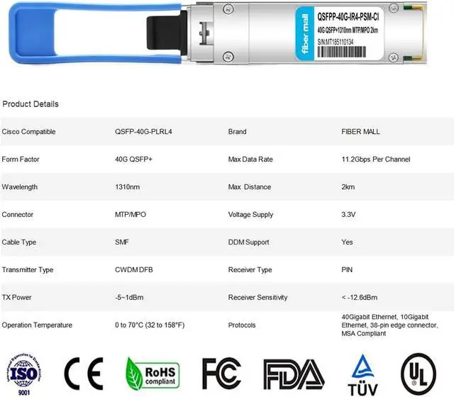 Alt view image 2 of 5 - 40G QSFP+ PLRL4 for Cisco QSFP-40G-PLRL4,40GBASE-PLRL4 QSFP+ 1310nm 2km DOM MTP/MPO SMF Optical Transceiver Module