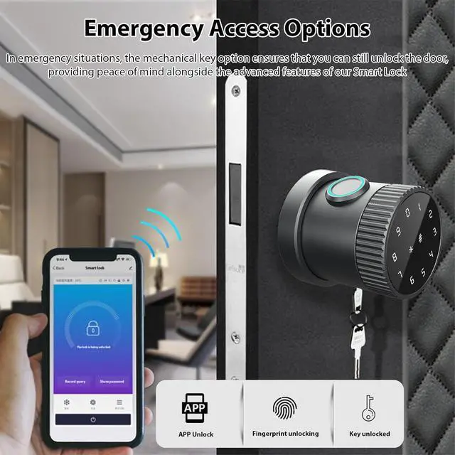 Alt view image 4 of 7 - Smart Door Lock, 5-in-1 Keyless Entry with Fingerprint, IC Card & APP, Fits 35-65mm Thickness Doors, for Home, Apartment, Rental (Black)