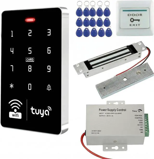 Main image of WiFi Tuya Access Control Kit,IP68 Waterproof Keypad, Dual Frequency,180KG Magnetic Lock, DC12V Power Supply, Exit Button, 15 ID Key Fobs for Home, Office, Garage