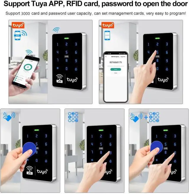 Alt view image 3 of 7 - WiFi Tuya Access Control Kit,IP68 Waterproof Keypad, Dual Frequency,180KG Magnetic Lock, DC12V Power Supply, Exit Button, 15 ID Key Fobs for Home, Office, Garage