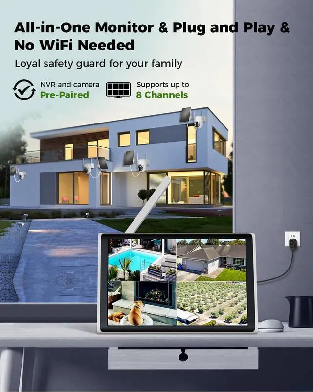 Alt view image 4 of 7 - Solar Security Cameras Wireless Outdoor System, 4PCS 4MP Battery Operated Cameras, PTZ 360° View, PIR Motion Detection, Color Night Vision, IP66, 2-Way Audio, 2.4G WiFi, 10" LCD Monitor