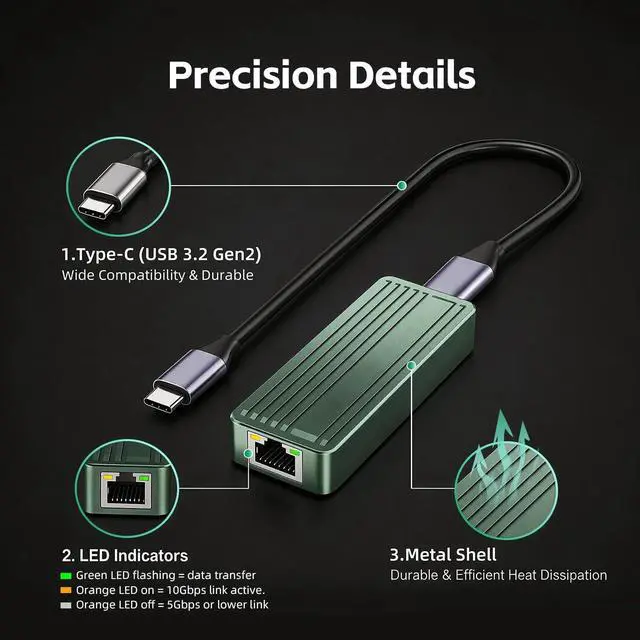 Alt view image 7 of 7 - USB C to 10Gbps Ethernet Adapter, USB 3.2 Gen 2x2 Type-C to RJ45 10G LAN Network Dongle with Realtek RTL8159 Chip, Thunderbolt 3/4 Compatible for MacBook, Windows 11 Laptop, NAS, PC
