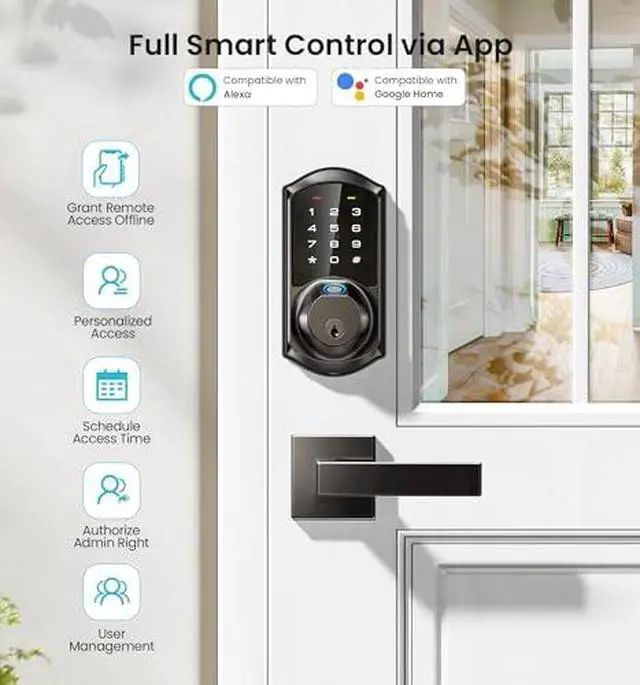 Alt view image 4 of 6 - Veise VE07L-G2 Fingerprint Smart Locks for Front Door with 2 Handle, APP Remote Control with Gateway, Matte Black