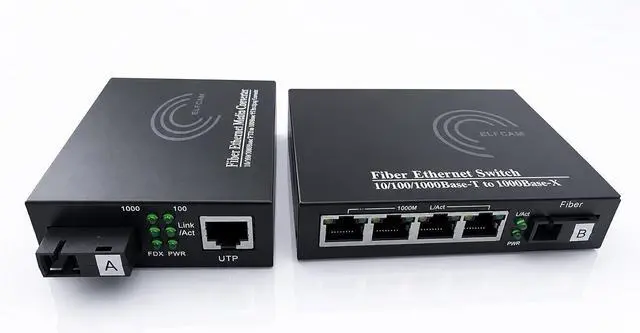 Main image of Elfcam 2 Pieces Converter Fibre ethernet, Media Converter up to a Distance of 20 km to Optical SC Mono Mode, with Adapter 10/100/1000 Mbps (1 RJ45 Port *4 RJ45 Port)