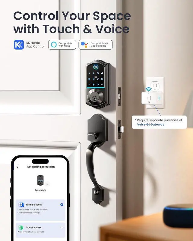 Alt view image 3 of 4 - Veise Fingerprint Smart Front Door Lock Set, App Control