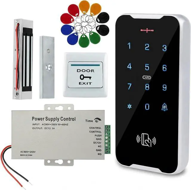 Main image of RFID Access Control Kit, Waterproof Metal Door Entry System with Touch Keypad, Magnetic Lock, Power Supply, Exit Button, 10 RFID Cards, 3000 Users, DC12V for Home and Office