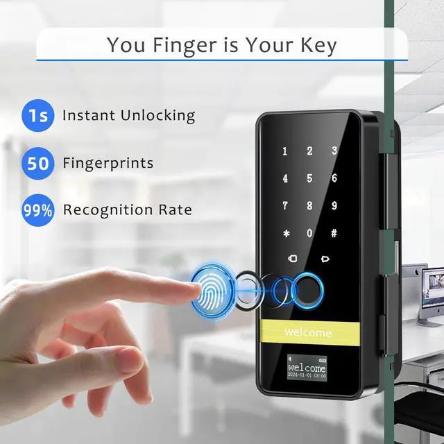 Alt view image 2 of 7 - Smart Glass Door Lock,7 in 1 Keyless Entry Door Lock,Electronic Keypad Biometric Lock with App Control,Fingerprint Door Locks,Sliding Door Smart Lock for Office,Home,Hotel,Store