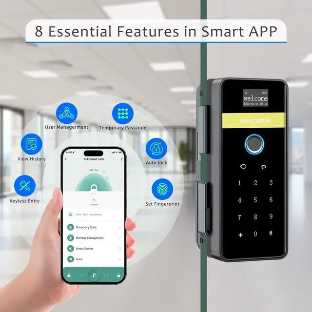 Alt view image 3 of 7 - Smart Glass Door Lock,7 in 1 Keyless Entry Door Lock,Electronic Keypad Biometric Lock with App Control,Fingerprint Door Locks,Sliding Door Smart Lock for Office,Home,Hotel,Store