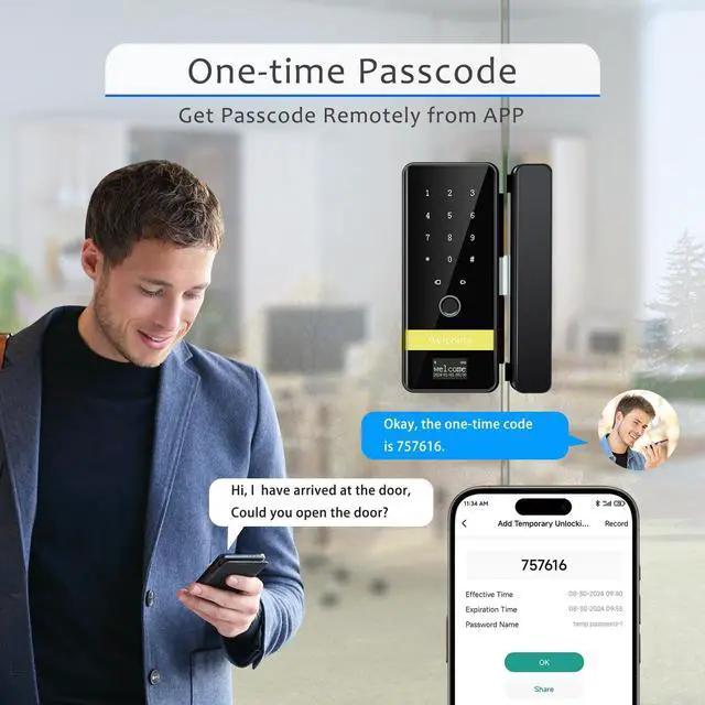 Alt view image 4 of 7 - Smart Glass Door Lock,7 in 1 Keyless Entry Door Lock,Electronic Keypad Biometric Lock with App Control,Fingerprint Door Locks,Sliding Door Smart Lock for Office,Home,Hotel,Store