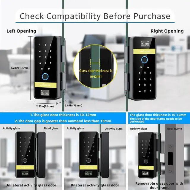 Alt view image 7 of 7 - Smart Glass Door Lock,7 in 1 Keyless Entry Door Lock,Electronic Keypad Biometric Lock with App Control,Fingerprint Door Locks,Sliding Door Smart Lock for Office,Home,Hotel,Store