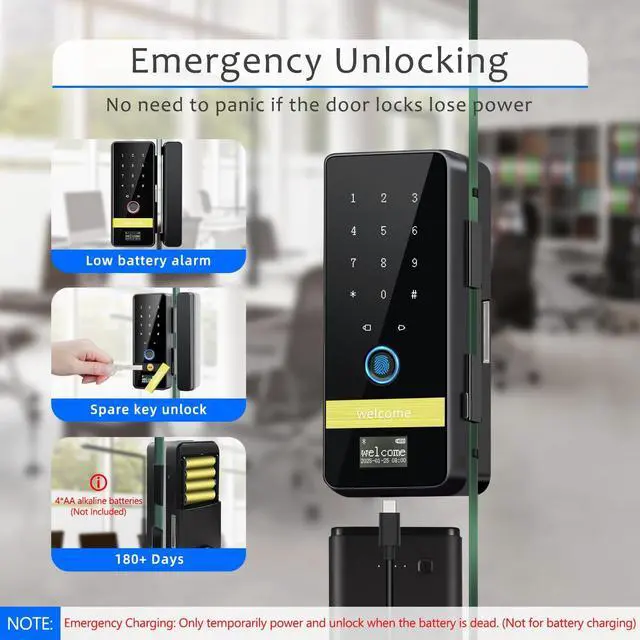 Alt view image 6 of 7 - Smart Glass Door Lock,7 in 1 Keyless Entry Door Lock,Electronic Keypad Biometric Lock with App Control,Fingerprint Door Locks,Sliding Door Smart Lock for Office,Home,Hotel,Store