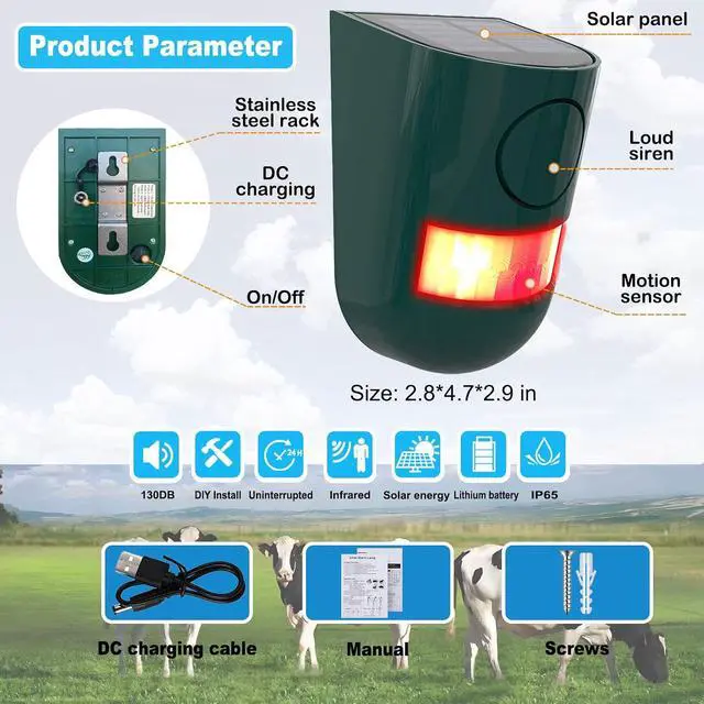 Alt view image 2 of 7 - Solar Outdoor Motion Sensor Alarm, 130 dB Siren Sound Alert & 6 LEDs Flash Warning Strobe Motion Activated Alarm for Farm Yard, 2 Pack