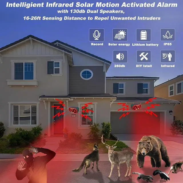 Alt view image 3 of 6 - Solar Outdoor Motion Sensor Alarm, 130db Dual Speakers with 13 Sounds, Support Recording & Volume Adjustable, 4 Modes Solar Infrared LED Strobe Light for Home and Farm, 2 Pack