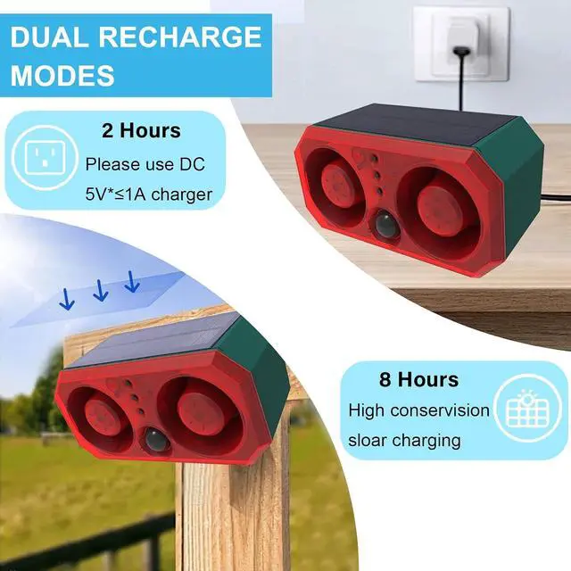 Alt view image 5 of 6 - Solar Outdoor Motion Sensor Alarm, 130db Dual Speakers with 13 Sounds, Support Recording & Volume Adjustable, 4 Modes Solar Infrared LED Strobe Light for Home and Farm, 2 Pack