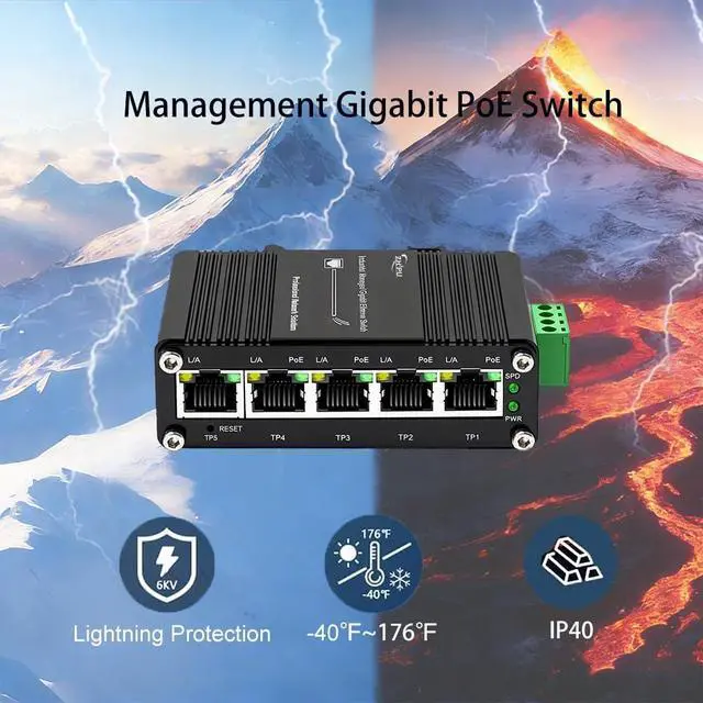 Alt view image 7 of 7 - Industrial Managed 5 PoE Gigabit Switch IEEE802.3af/at 9-57V to 48V Max 120W