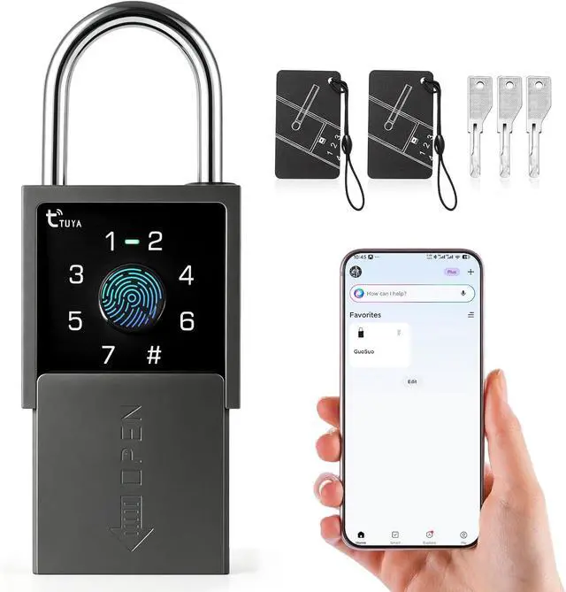 Main image of Smart Fingerprint Padlock with Key and Code Keypad,Heavy Duty Weatherproof Electronic Digital Bluetooth App Smart Combo Pad Lock for Outdoor Fence, Gate, Shed, Storage Unit, Pool, Locker, Tuya App