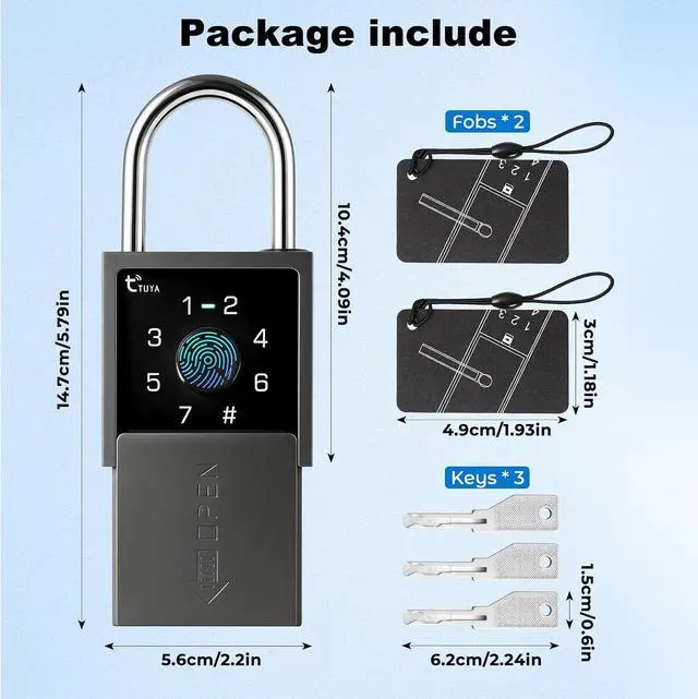 Alt view image 2 of 7 - Smart Fingerprint Padlock with Key and Code Keypad,Heavy Duty Weatherproof Electronic Digital Bluetooth App Smart Combo Pad Lock for Outdoor Fence, Gate, Shed, Storage Unit, Pool, Locker, Tuya App