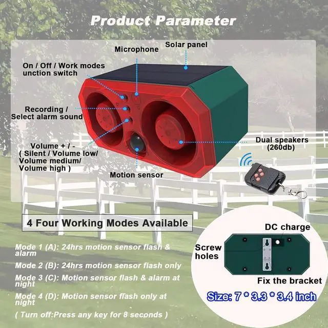 Alt view image 6 of 6 - Solar Outdoor Motion Sensor Alarm, 130db Dual Speakers with 13 Sounds, Support Recording & Volume Adjustable, 4 Modes Solar Infrared LED Strobe Light for Home and Farm, 2 Pack