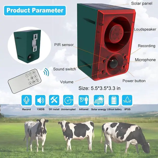 Alt view image 7 of 7 - Solar Outdoor Motion Sensor Alarm - 3 Modes Motion Detector Strobe Light with 130db Security Alarms Featuring Dog Barking & Gunshot, Support Recording & Volume Adjustment, Ideal for Home, Farm