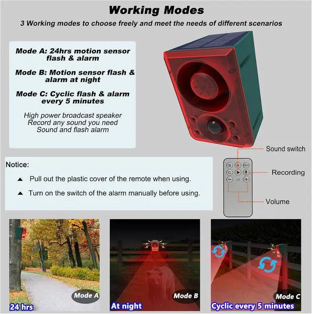 Alt view image 6 of 7 - Solar Outdoor Motion Sensor Alarm - 3 Modes Motion Detector Strobe Light with 130db Security Alarms Featuring Dog Barking & Gunshot, Support Recording & Volume Adjustment, Ideal for Home, Farm