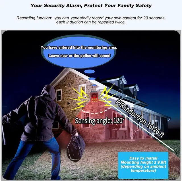 Alt view image 4 of 7 - Solar Outdoor Motion Sensor Alarm - 3 Modes Motion Detector Strobe Light with 130db Security Alarms Featuring Dog Barking & Gunshot, Support Recording & Volume Adjustment, Ideal for Home, Farm