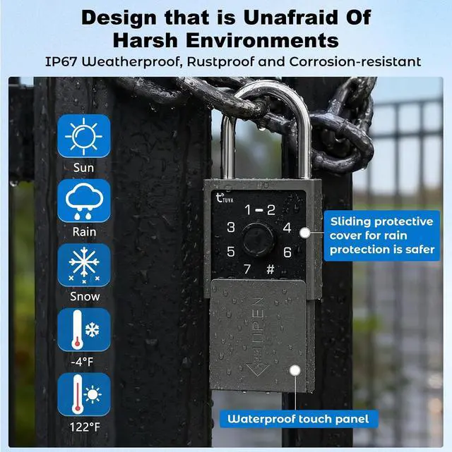 Alt view image 6 of 7 - Smart Fingerprint Padlock with Key and Code Keypad,Heavy Duty Weatherproof Electronic Digital Bluetooth App Smart Combo Pad Lock for Outdoor Fence, Gate, Shed, Storage Unit, Pool, Locker, Tuya App