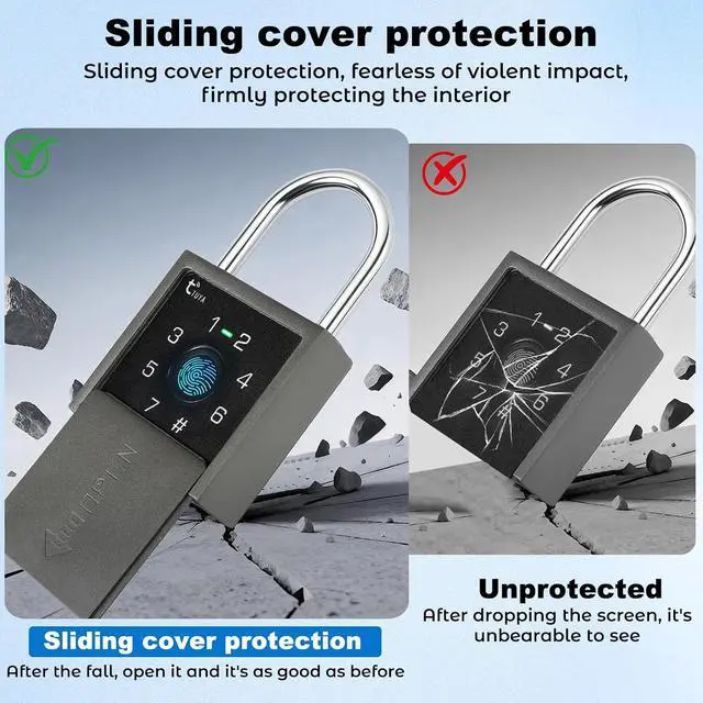 Alt view image 4 of 7 - Smart Fingerprint Padlock with Key and Code Keypad,Heavy Duty Weatherproof Electronic Digital Bluetooth App Smart Combo Pad Lock for Outdoor Fence, Gate, Shed, Storage Unit, Pool, Locker, Tuya App