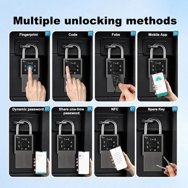 Alt view image 5 of 7 - Smart Fingerprint Padlock with Key and Code Keypad,Heavy Duty Weatherproof Electronic Digital Bluetooth App Smart Combo Pad Lock for Outdoor Fence, Gate, Shed, Storage Unit, Pool, Locker, Tuya App