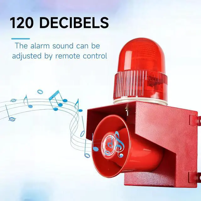 Alt view image 4 of 7 - Motion Sensor Alarm Siren 120dB Security Horn 12 Tone Adjustable Motion Detector Strobe Light for Home School Factory Farmer Warehouse Dock Home AC110V-120V