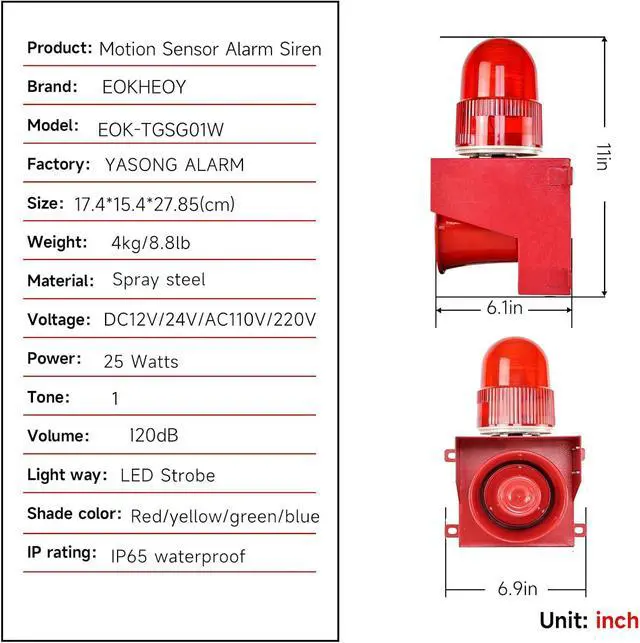 Alt view image 7 of 7 - Motion Sensor Alarm Siren 120dB Security Horn 12 Tone Adjustable Motion Detector Strobe Light for Home School Factory Farmer Warehouse Dock Home AC110V-120V