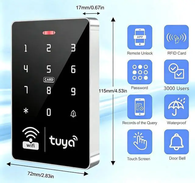 Alt view image 2 of 7 - WiFi Tuya Access Control Kit,IP68 Waterproof Keypad, Dual Frequency,180KG Magnetic Lock, DC12V Power Supply, Exit Button, 15 ID Key Fobs for Home, Office, Garage