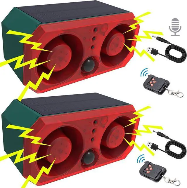 Main image of Solar Outdoor Motion Sensor Alarm, 130db Dual Speakers with 13 Sounds, Support Recording & Volume Adjustable, 4 Modes Solar Infrared LED Strobe Light for Home and Farm, 2 Pack