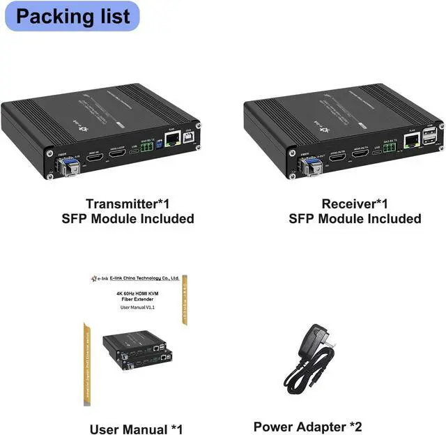 Alt view image 4 of 6 - 4K@60Hz HDMI Fiber Extender with KVM, Audio, RS232/RS485, 10/100M TCP-IP & Bi-Directional IR SFP Included SMF Up to 20km