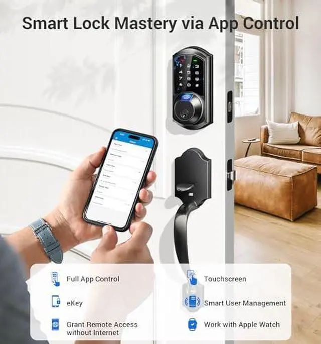 Alt view image 2 of 5 - Veise VE07H-VE07L Fingerprint Smart Locks for Front Door, Matte Black