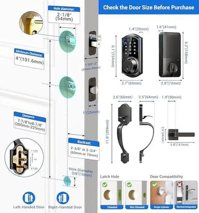 Alt view image 3 of 5 - Veise VE07H-VE07L Fingerprint Smart Locks for Front Door, Matte Black