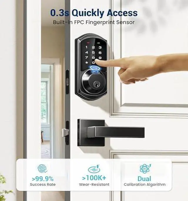 Alt view image 5 of 5 - Veise VE07H-VE07L Fingerprint Smart Locks for Front Door, Matte Black