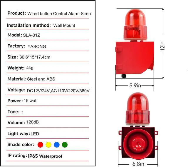 Alt view image 7 of 7 - Alarm Siren with Button Control Box 25W 120dB Loud Horn One Button Linkage Outdoor Security Siren with LED Strobe Light SLA-01Z AC110V