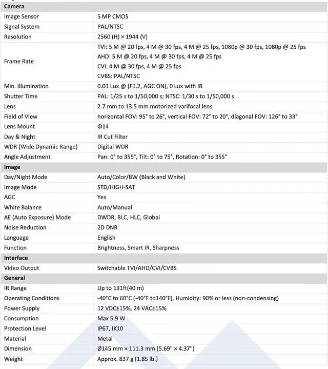 Alt view image 2 of 2 - LTS LTCMHD3453D-ZFN HD TVI 5MP 2.7mm-13.5mm Motorized VF Lens Vandal Proof Dome Camera CMHD3453D-ZFN