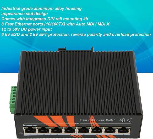 Alt view image 3 of 7 - 8 Port Industrial Ethernet Switches Unmanaged Din Rail Minus 40 to 75°C 12 to 58V Dc Input Network Switch for Intelligent Transportation Rail Power Mining
